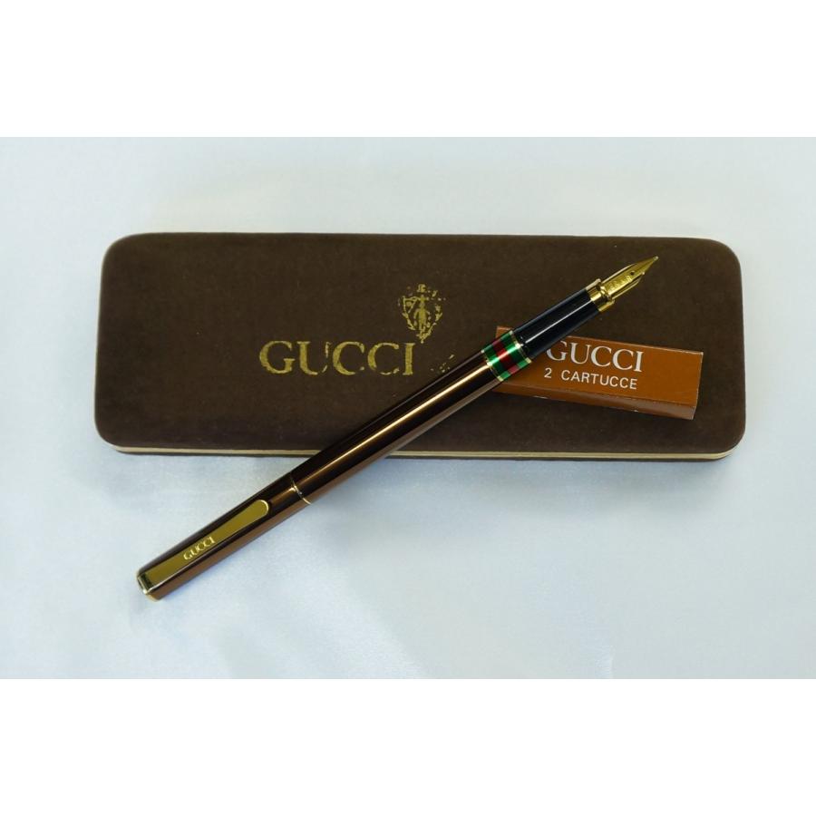 グッチ 万年筆 コンバーター式 ブラウン×ゴールド 緑赤シェリーライン