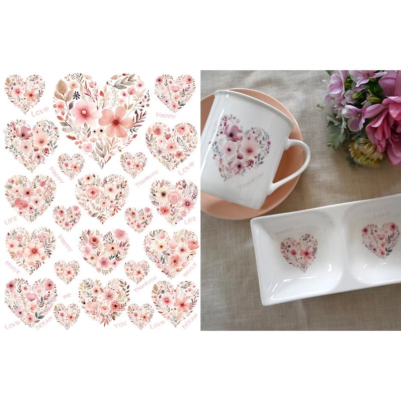 ポーセラーツ 転写紙【白磁用】水彩Heartflower ハートフラワー A4