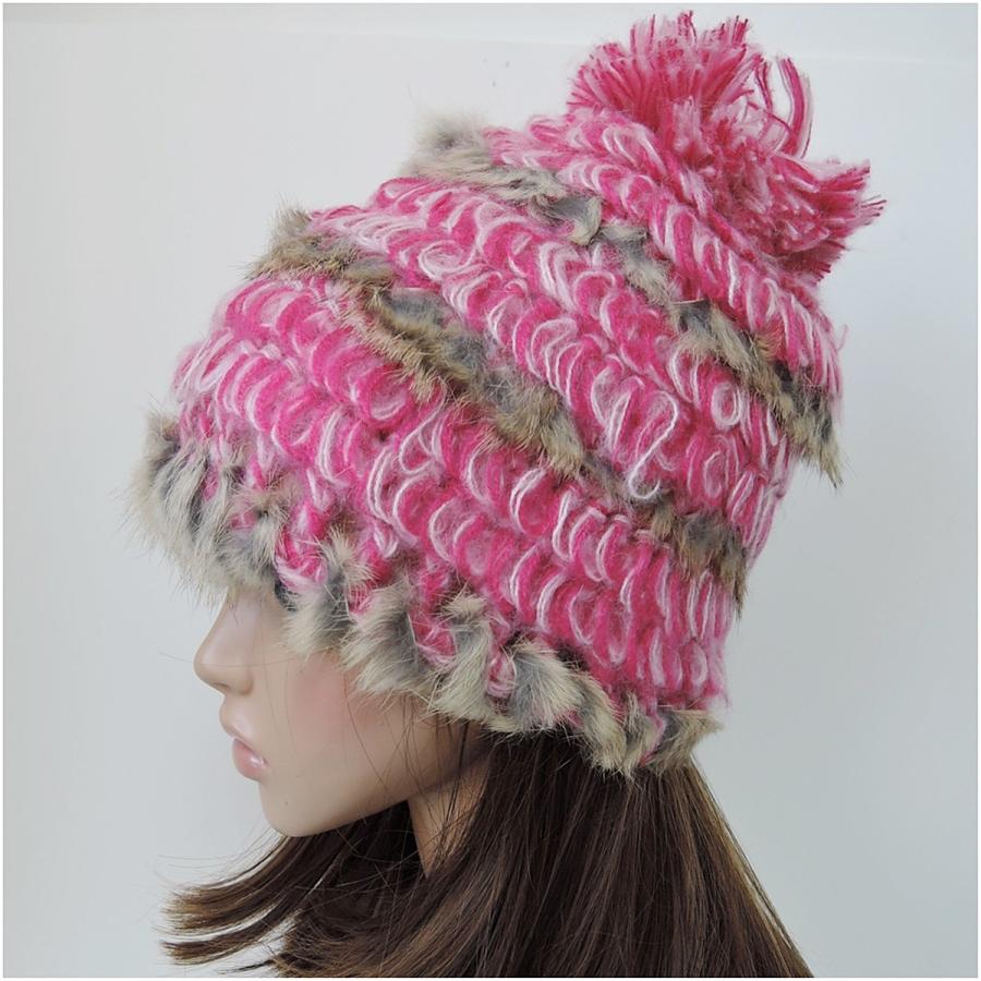 ラビットファー ニット帽 ポンポン付き 帽子 毛糸 グレー レッド