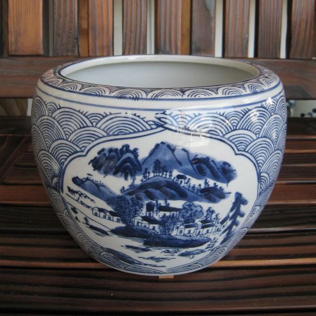 山水 ミニ火鉢 めだか アンティーク 水鉢 陶器 5号 シノワズリ