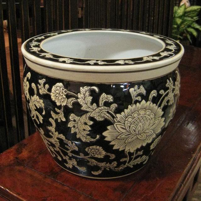 セール中✨中国工芸 染付青花磁器 花鳥水鉢（ 大）睡蓮鉢 花丸型 う