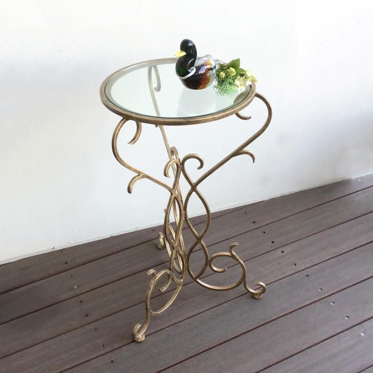 サイドテーブル 花台 台 ゴールド 天板ガラス アンティークゴールド