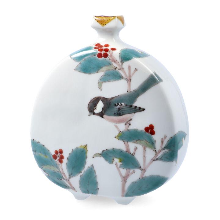 九谷焼 扁壺 千両に四十雀/山田義明 花瓶 花器 人気 ギフト 贈り物