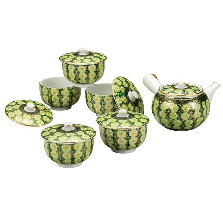 九谷焼 蓋付茶器 菊詰 送料無料 和食器 茶器 急須 汲出し 湯呑 セット