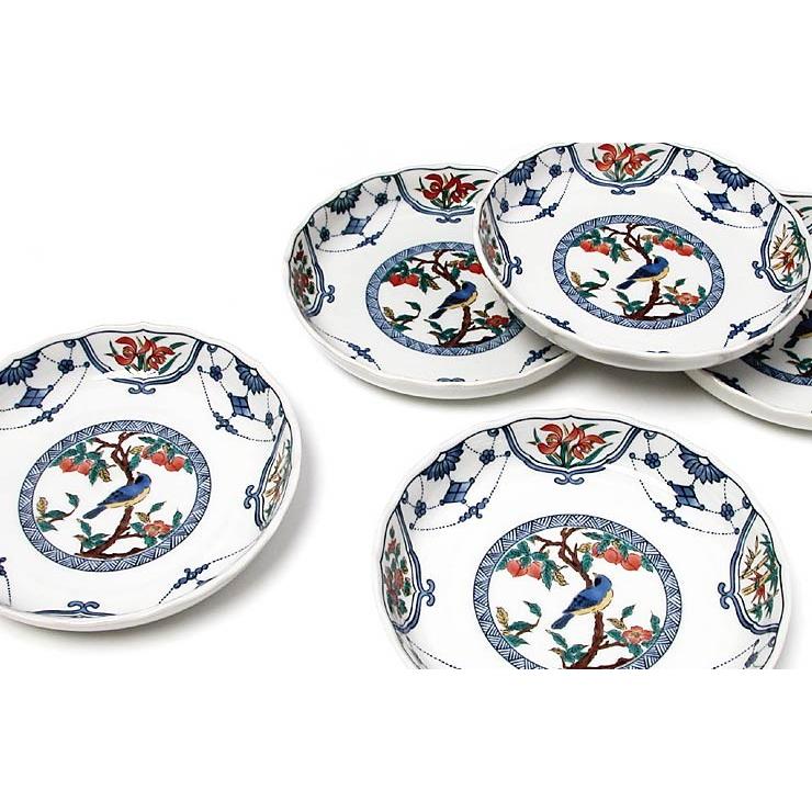 九谷焼 6号皿揃 染付瓔珞紋花鳥/青郊窯 送料無料 和食器 皿 取り皿