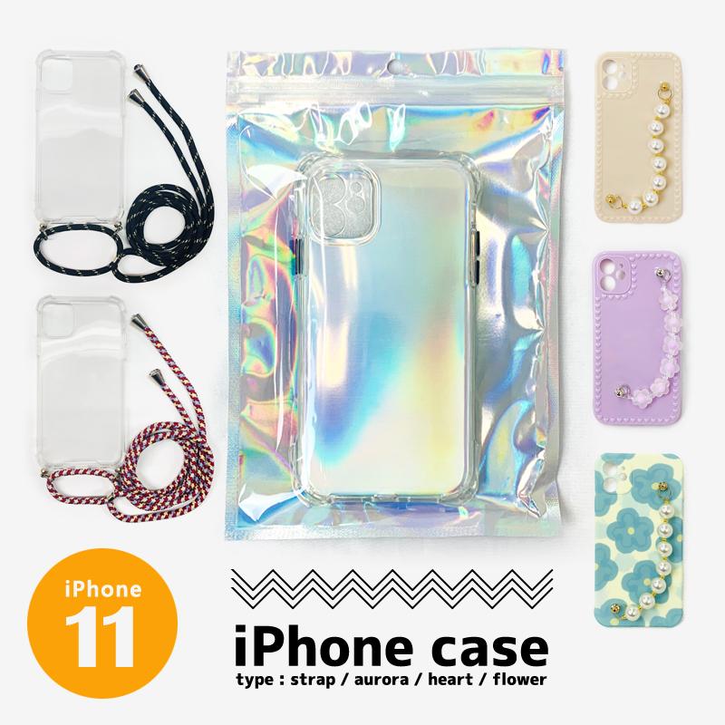iPhone11 スマホケース ソフト オーロラ クリア ストラップ 花