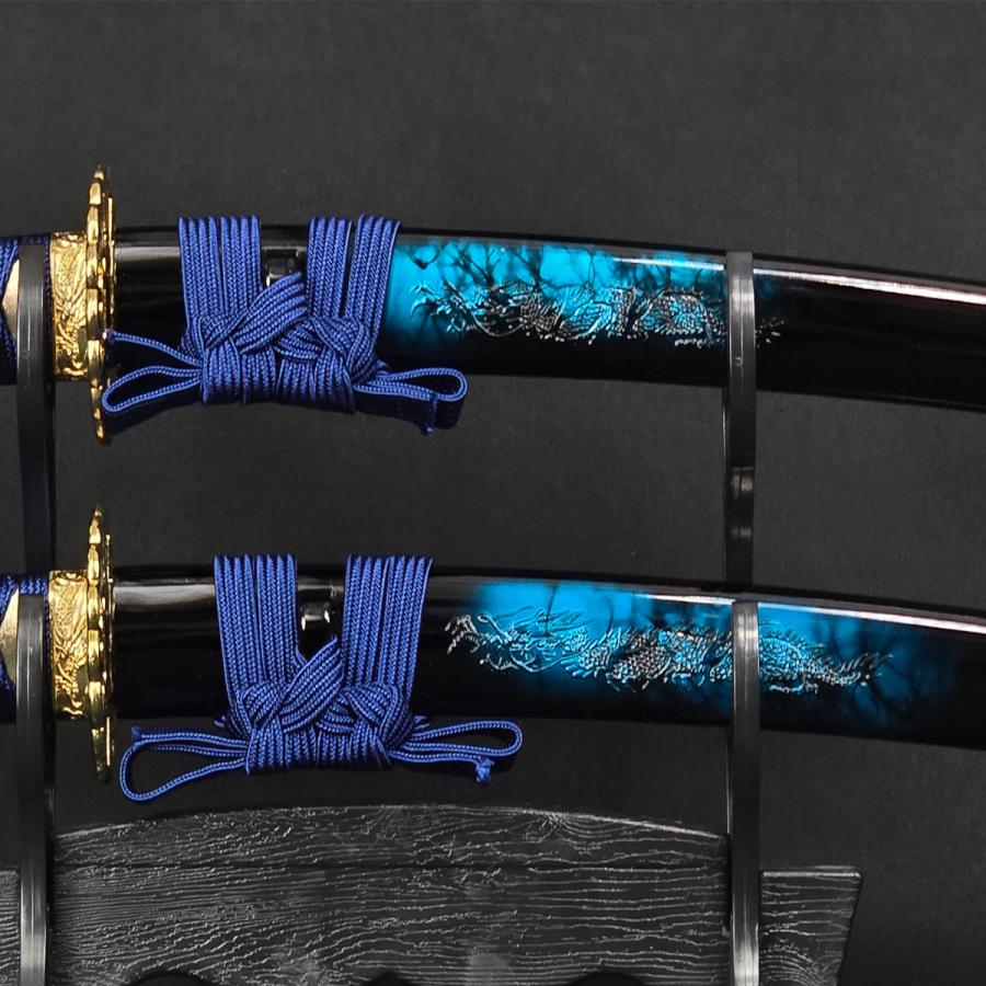 模造刀 ミニミニ竜3点セット マーブル 青 刀掛台付 刀身竜彫