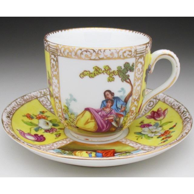 ドレスデン イエロー地ワトー絵 カップ＆ソーサー アンティーク 19世紀