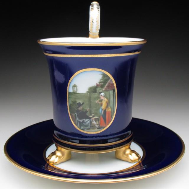 フッチェンロイター コバルト金彩人物風景絵 カップ＆ソーサー