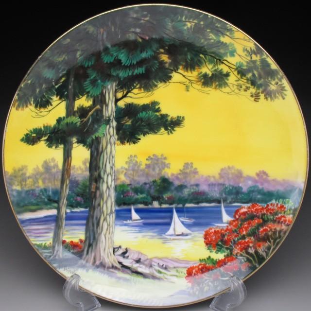 アンティーク] 港湾風景と花が描かれた絵皿 アンティーク] 港湾風景と