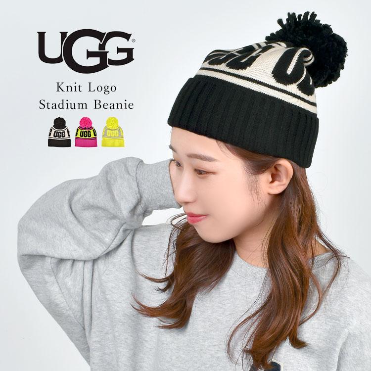 UGG ブラックニット帽 ポンポン付き UGG 帽子 アグ ニット帽 メンズ
