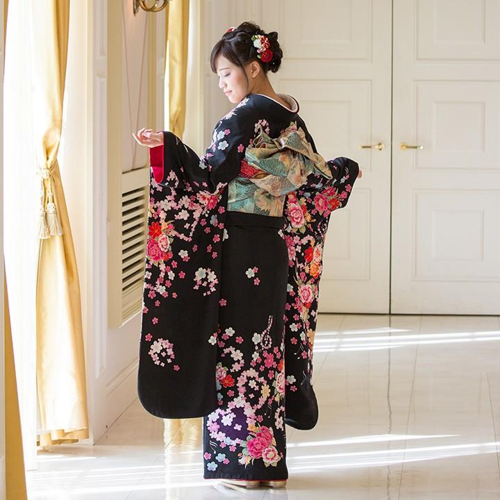 振袖レンタル 成人式 高級正絹 FS-841 黒系 振袖 レンタル 式典 ふりそ