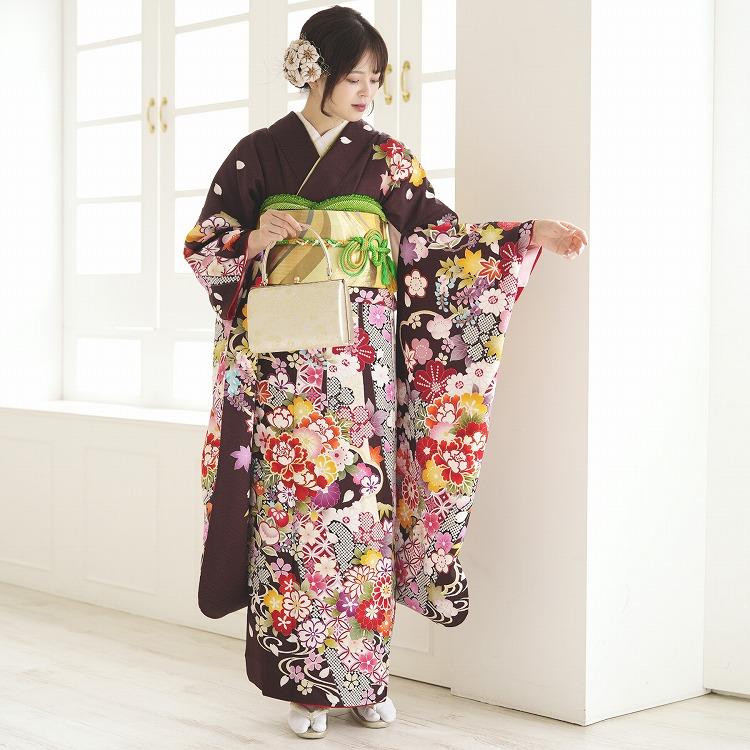 振袖 レンタル 成人式 21点セット レトロ 成人式セット 花 濃茶系 正絹