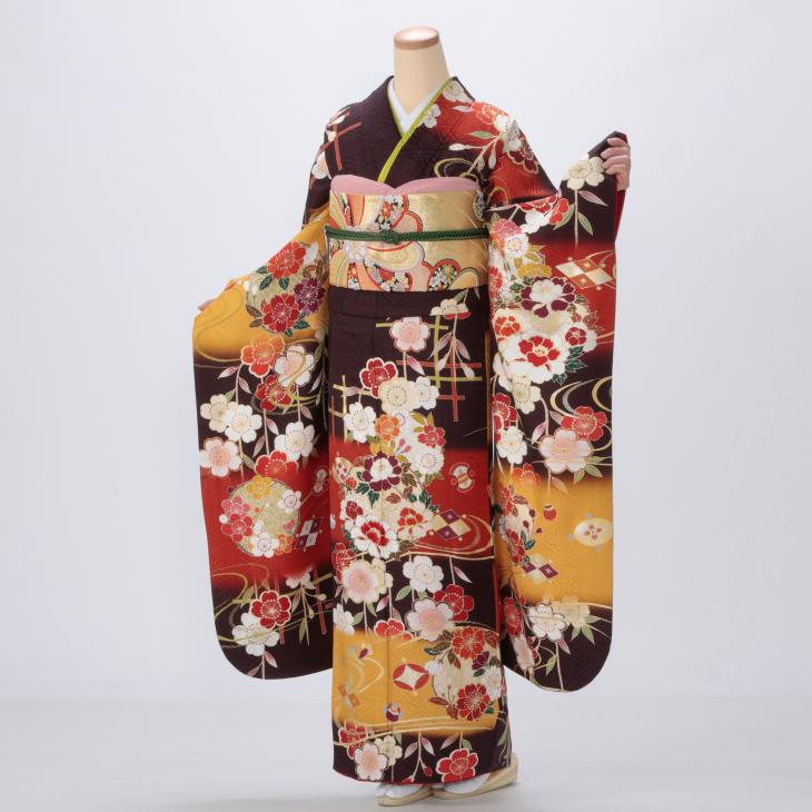 京都きもの友禅 振袖 中古 フルセット 成人式 Lサイズ 古典 茶系 着物