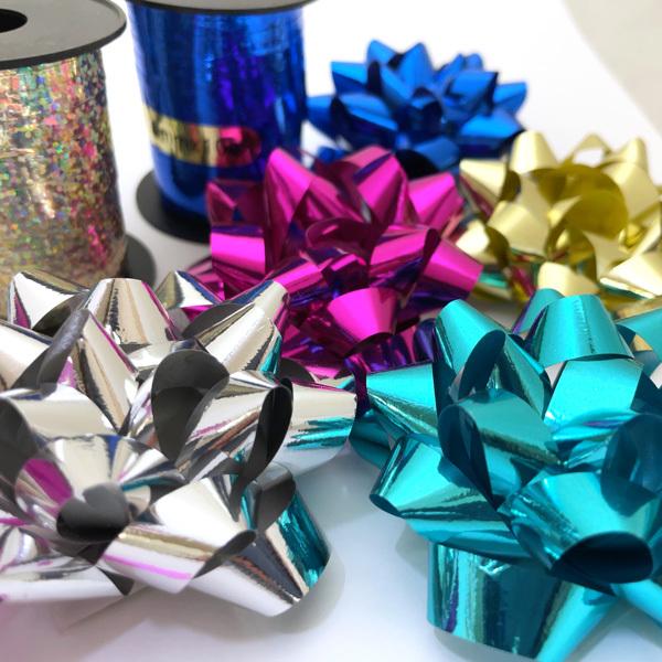 花リボン付きラッピングリボン 5色セット ピンク ブルー アクアマリン