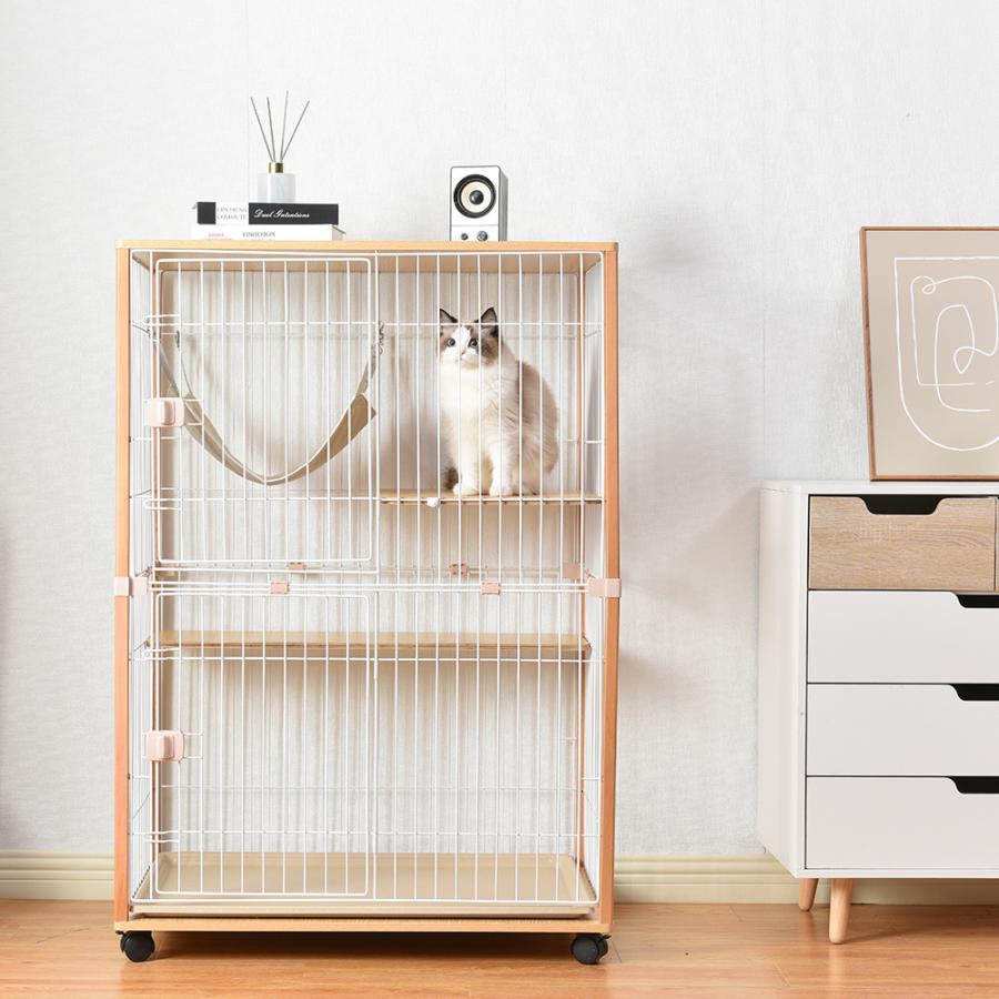 BTM 猫 ケージ 2段 木製 キャスター付き キャットケージ 大型 多頭飼い