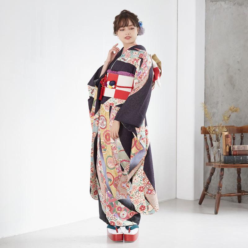 振袖 レンタル 成人式 結婚式 濃紫黒 丸紋疋田熨斗(絹)(宅) 一点物 12