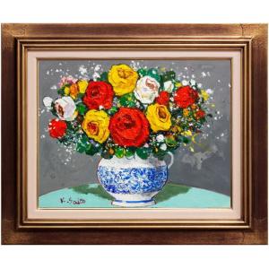 油彩 垣内カツアキ「バラの壷 F4」 垣内カツアキ作品を卸価格で販売し