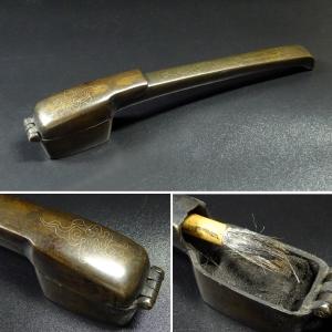 敬逢 秀逸 矢立コレクション 江戸時代 古銅地 肉彫山水紋矢立 金工 提