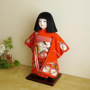 市松人形 元賀章介 12号尺二正絹手刺繍 まり 赤色 手塗本漆台 女の子