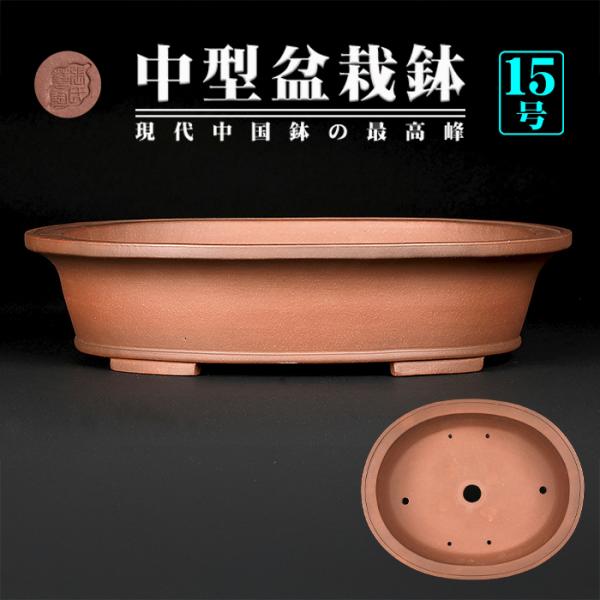 盆栽鉢 紫泥外縁下紐楕円鉢 植木鉢 中国鉢 張氏製陶 落款あり 15号