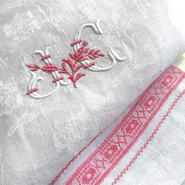 アンティークフランス/イタリア レティシアクローバー刺繍 リネン