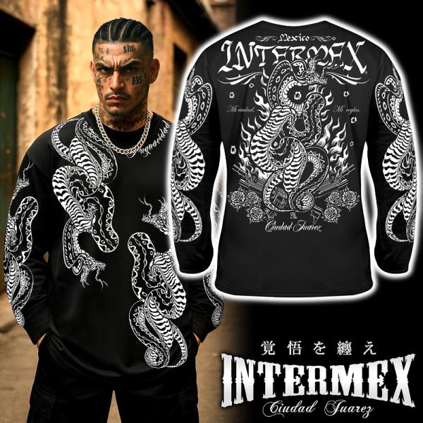 長袖 Tシャツ 服 INTERMEX コブラ パイソン柄 ロンT itm-093 黒 白