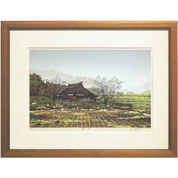 宮本秋風作 紅葉風景木版画 山景色 大判 金色フレーム(57.0×75.0