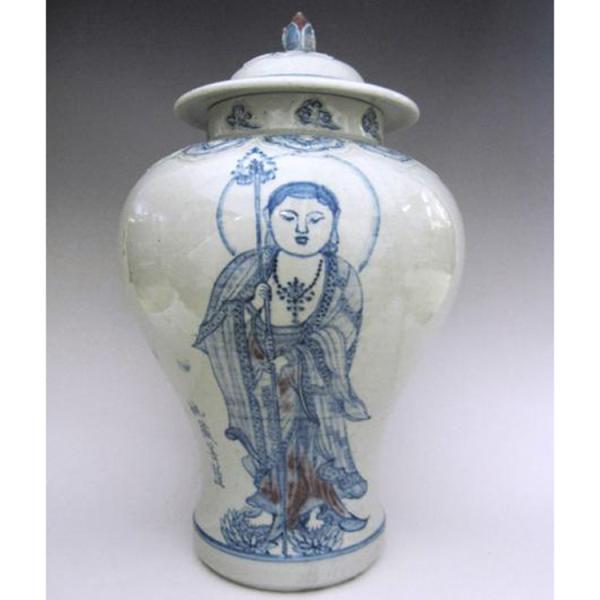 李朝 青花仏文蓋付壺 全高36cm 韓国 朝鮮 陶磁器 希少 地蔵 卍 美品