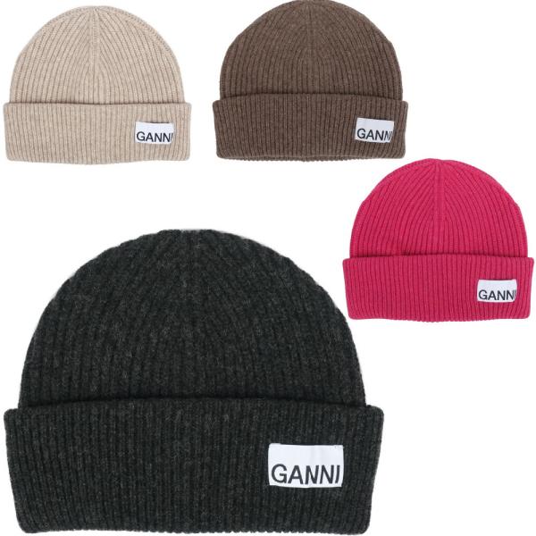 GANNI（ガニー） リブニットビーニー ロゴ入り ウール ニット帽 Wool