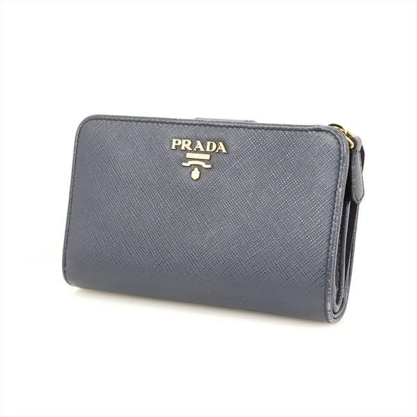 プラダ PRADA ネイビー レザー 二つ折り財布 サフィアーノメタル
