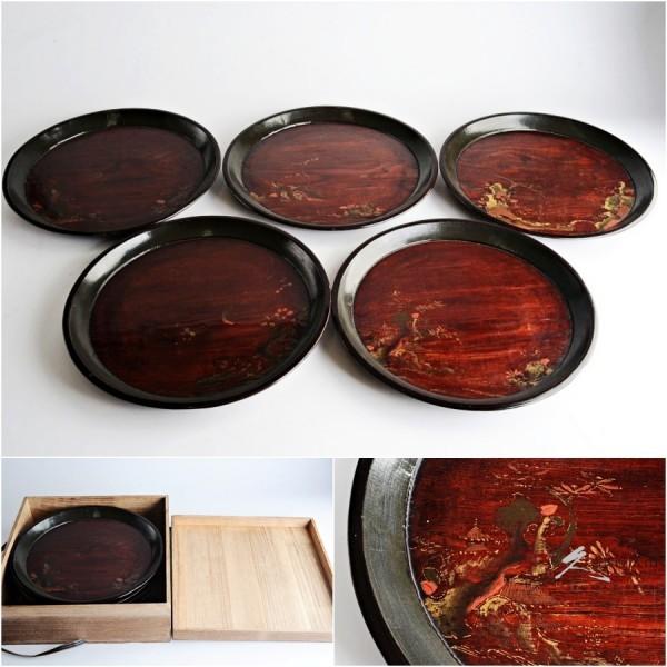 漆盆 懐石膳 丸盆 岡本漆専堂製 5客組 漆盆 懐石膳 丸盆 岡本漆専堂製