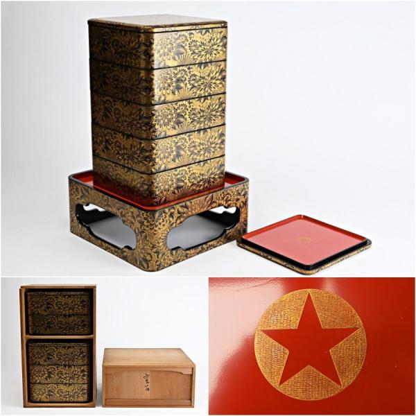 能登輪島塗 前田漆器謹製 極上 総菊詰沈金 五段重箱 蓋二枚 漆塗り天然