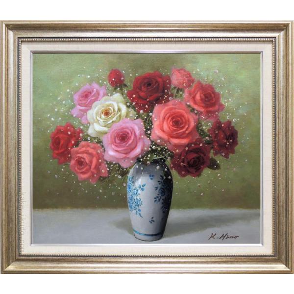 油絵赤白ボーダーの花瓶と花