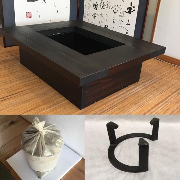 骨董火鉢囲炉裏テーブル セット レトロ ちゃぶ台 鉄五徳木灰付き 骨董