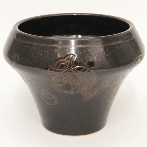 茶道具 建水 膳所焼き 独楽 宝尽くし 岩崎新定作 陽炎園 遠州七窯の一