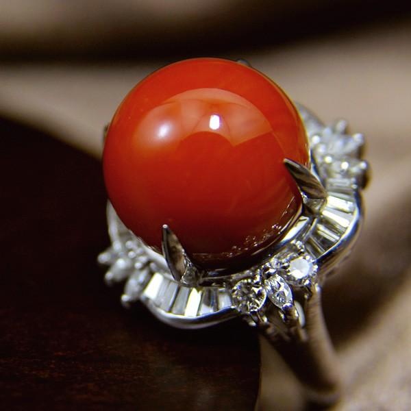 日本産 血赤珊瑚＆ダイヤモンドプラチナ900リング 天然色 鑑別書付