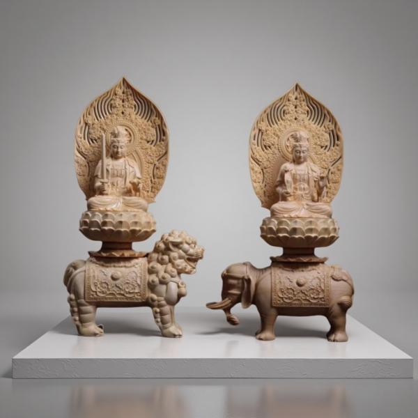 仏像 文殊菩薩、普賢菩薩 (約)高38cm×幅20cm×奥行12cm 木彫 仏具 二体