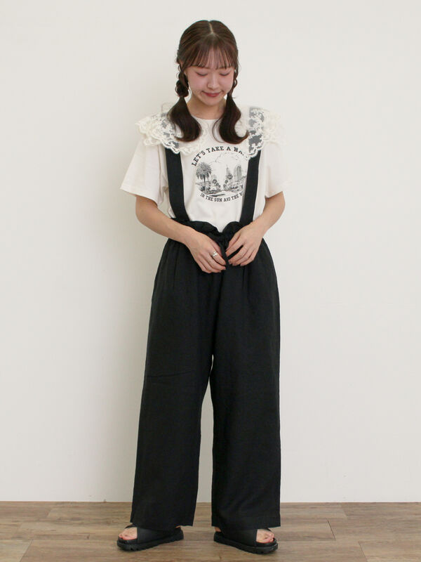 セール】 【Cross×Linen】サス付パンツ（ブラック/ベージュ/グリーン