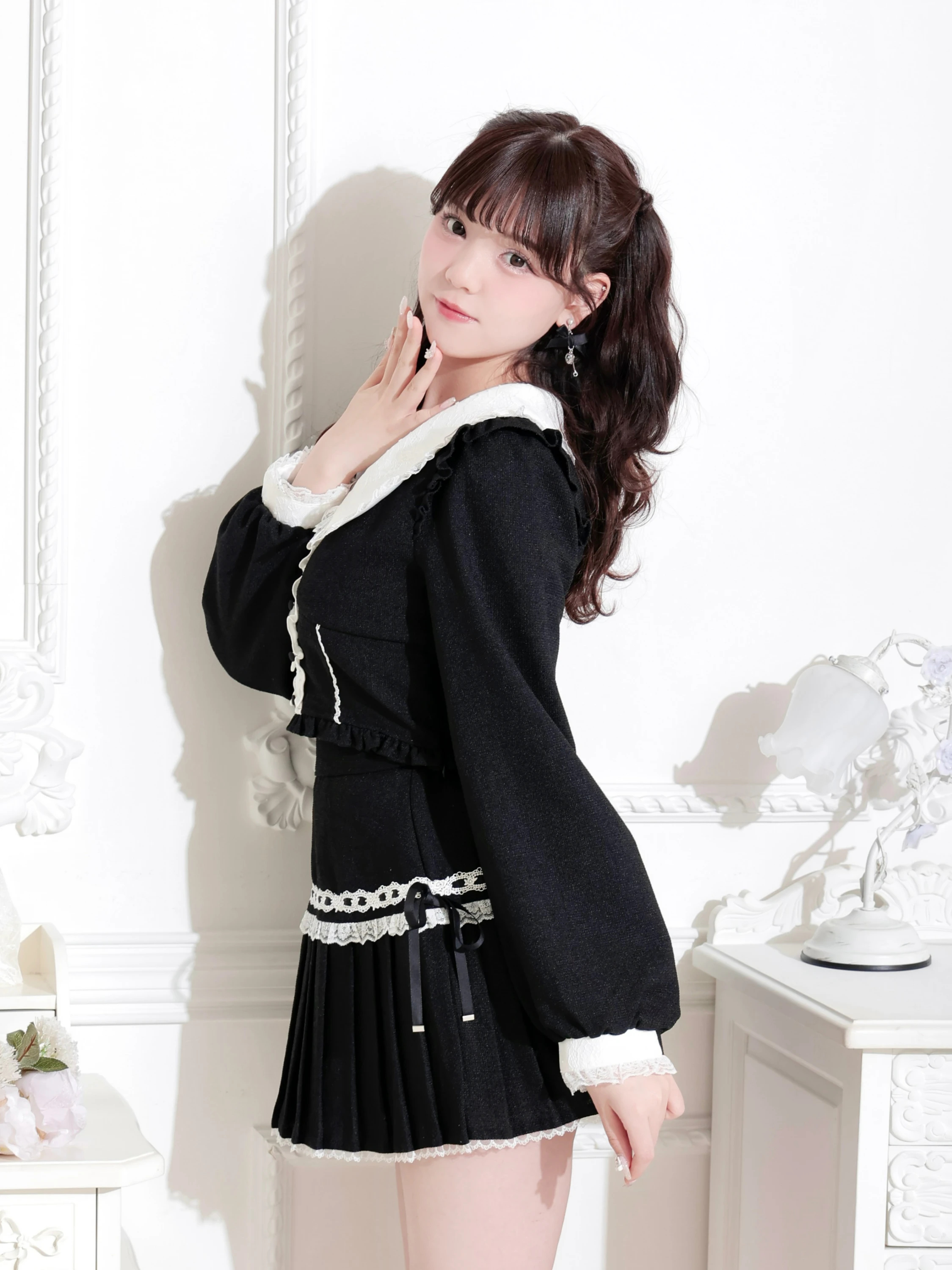 ツイードレースサイドリボンプリーツセットアップ（セットアップ｜黒