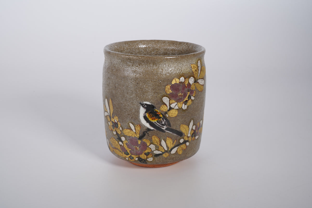 鈴木爽司 色絵 椿ニ頬白之図 扁壺 共箱 共布 栞付き 銀彩 師:富本憲吉