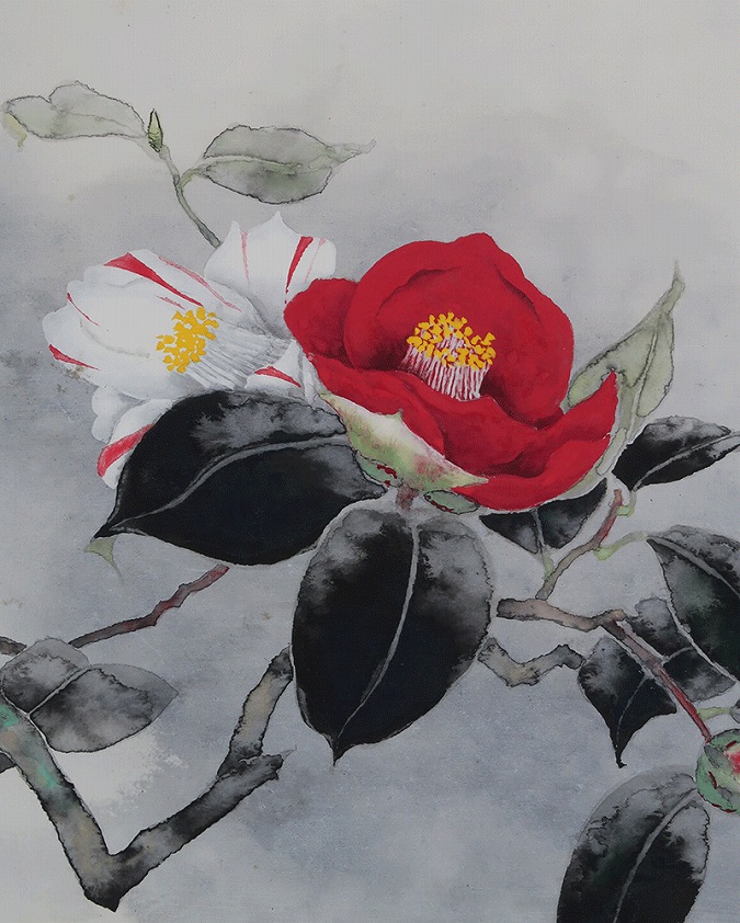 掛軸○ 河出幸之助 『椿』 美品 共箱 二重箱 太巻 肉筆 【日本画