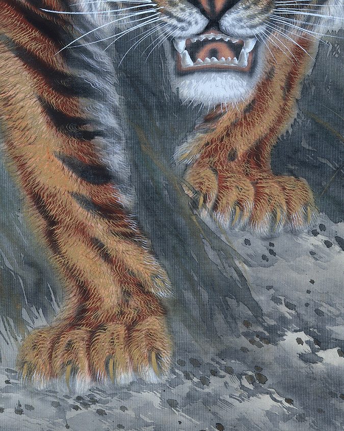 真作】日本画 松原寿石 猛虎図 絹本 掛け軸 大正7年岐阜 MA839