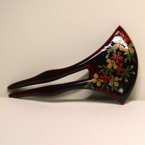 輪島塗 バチ型かんざし -桜の蒔絵仕上げ- [黒タメ色] 螺鈿(ラデン