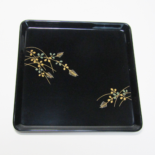 輪島塗 角盆 (中) -萩の蒔絵仕上げ- [内外面とも黒色]｜輪島市の輪島塗