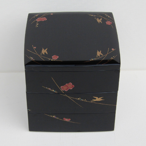 輪島塗 重箱 角形 三段 胴張り -梅に鶯の蒔絵仕上げ-[内面朱色/外面