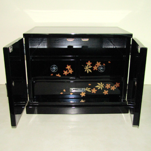 輪島塗 小箪笥 –唐子高蒔絵(外面)、桜蒔絵(引出外面)- [内外面とも黒色