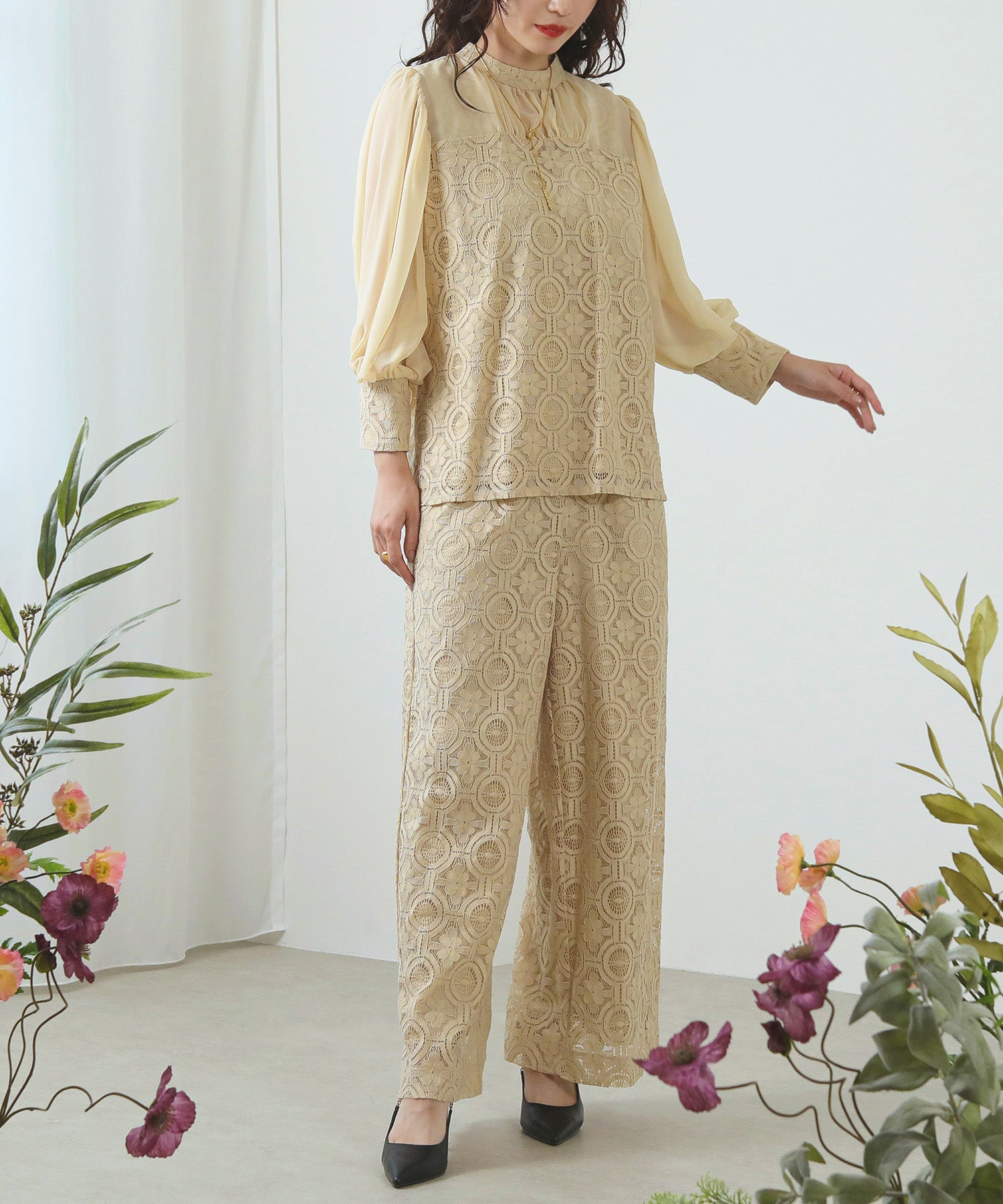 幾何学柄 レース セットアップ パンツ オケージョンドレス