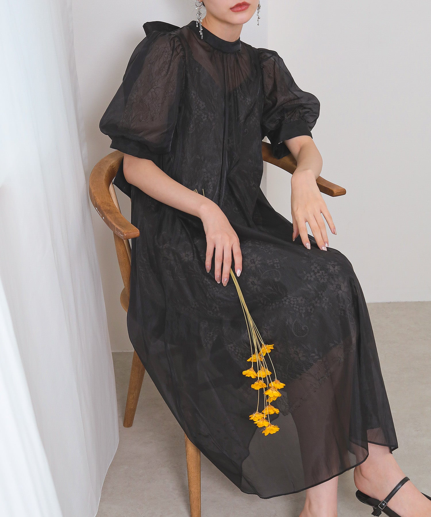 Aライン シアー オーバー ワンピース パーティードレス