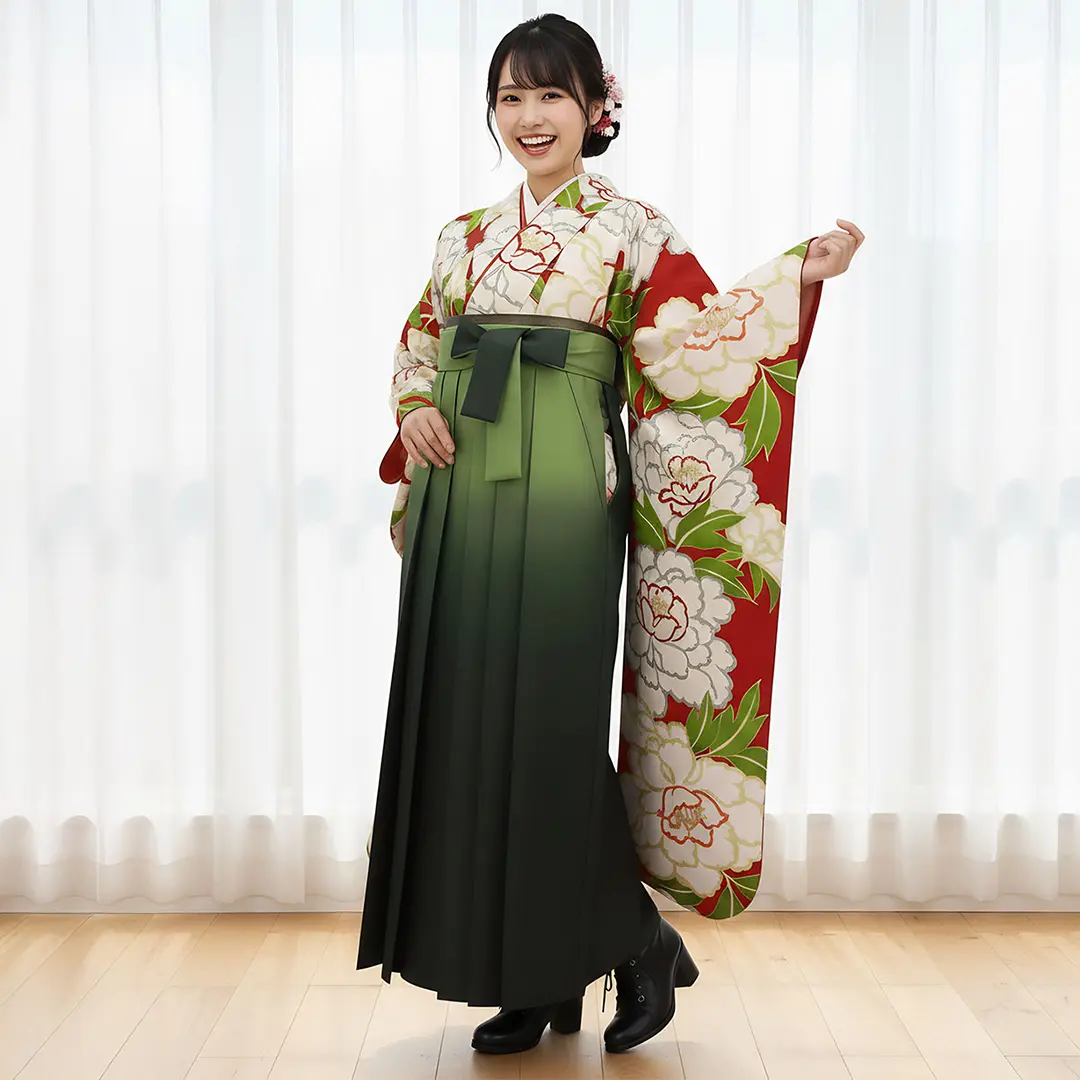 大正ロマンな牡丹の振袖・緑袴（ぼかし） （振袖）／卒業式 | 宅配着物